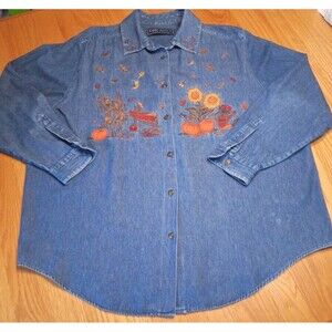 Vintage Karen Scott Denim Button Up Top Womens 1X Autumn Fall Embroidered Shirt